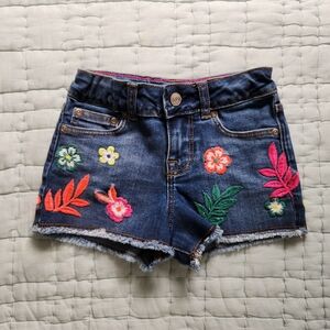 Boden Cutoff Blue Jean Shorts with Colorful Floral Embroidery